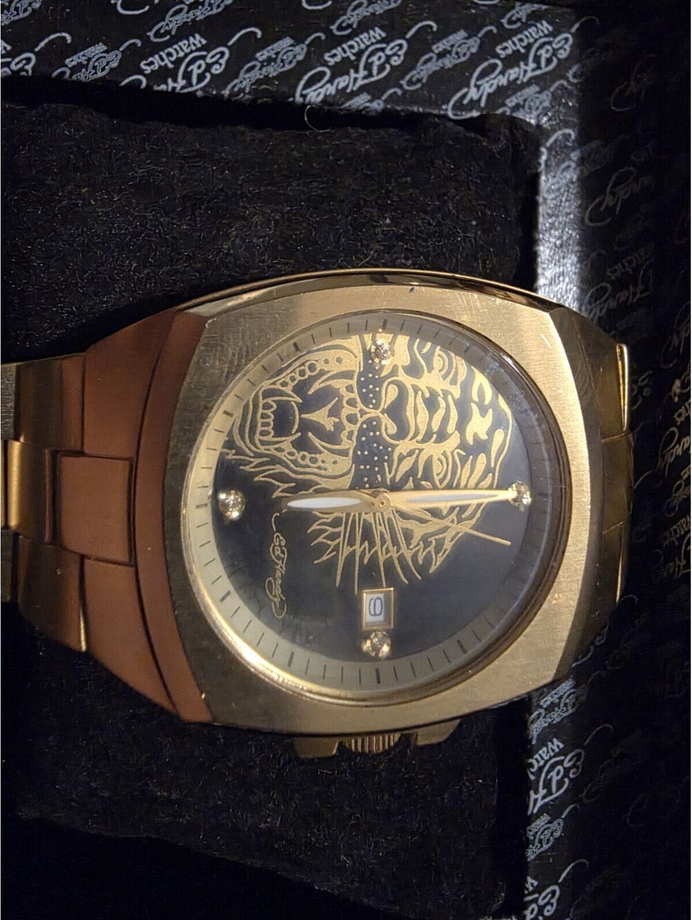 vintage Ed Hardy Square Quartz Watch, Stainless Steel, Box
